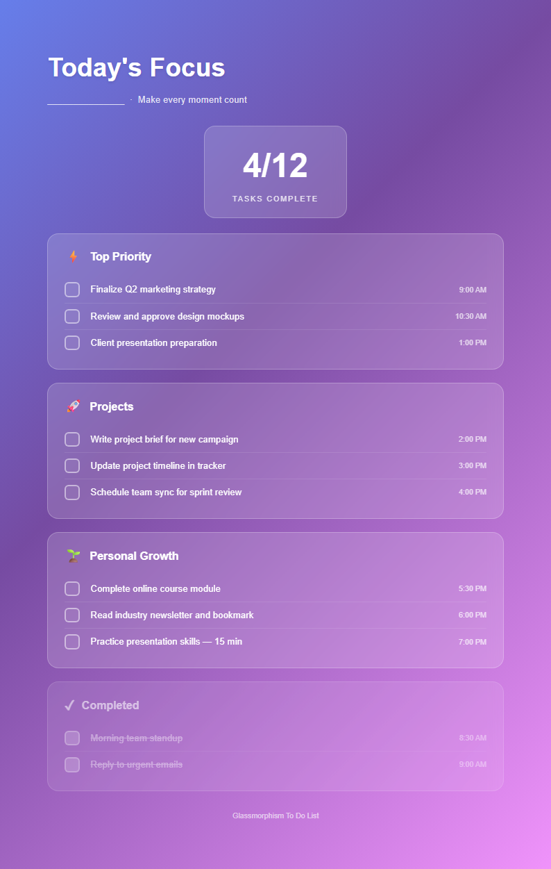 Glassmorphism to do list with frosted cards